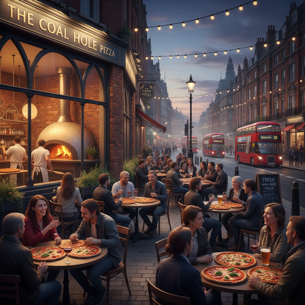 A vibrant, bustling London street scene featuring a cozy pizzeria with a glowing wood-fired oven visible through the win