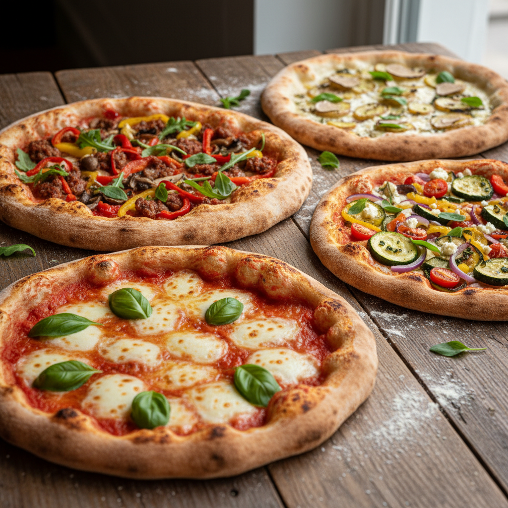 Close-up of various pizza styles on a rustic wooden table including classic Margherita, sourdough crust pizza with fresh