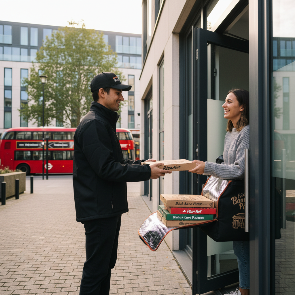 A delivery person handing over a pizza box to a happy customer at a modern London apartment doorstep, branded pizza boxe